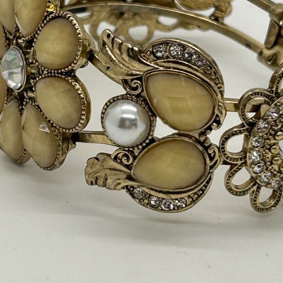 Gold-Tone Hinged Bracelet Vintage Inspired Rhinestones, Faux Pearl Floral Design - Picture 5 of 12